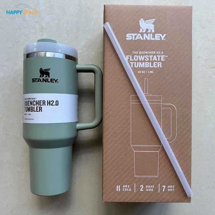 dark green stanley tumbler cup with straw